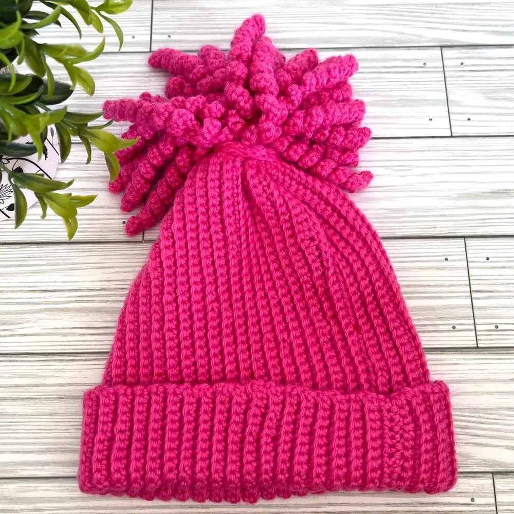 New Handmade Crochet Hot Pink Curly Pom Pom Girl's Knit Winter Hat